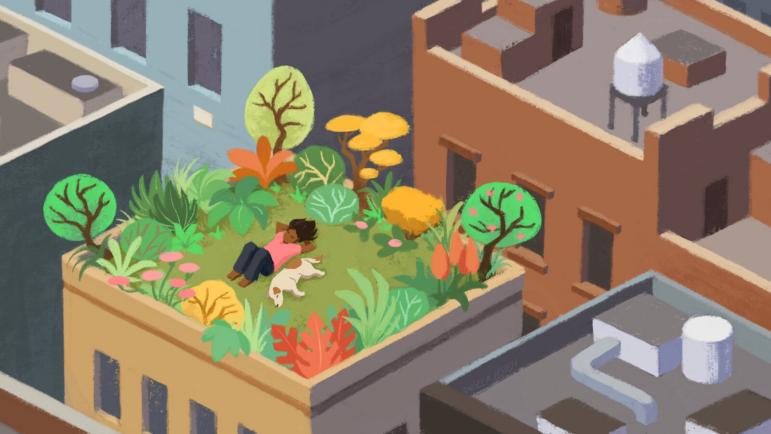 Illustration that shows a person with dark skin and long dark hair wearing a pink T-shirt and jeans lying on a green roof of a high-rise apartment building next to a dog. The roof is a lush oasis of greenery, plants and flowers, surrounded by the grays and browns and hard surfaces of the surrounding city and the other barren roofs.