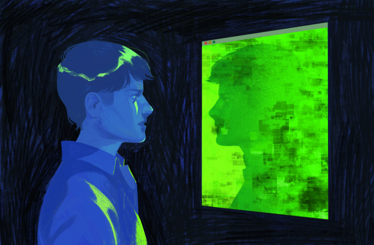 An illustration showing a person looking at themselves in a computer browser window as their reflection is becoming increasingly pixelated.