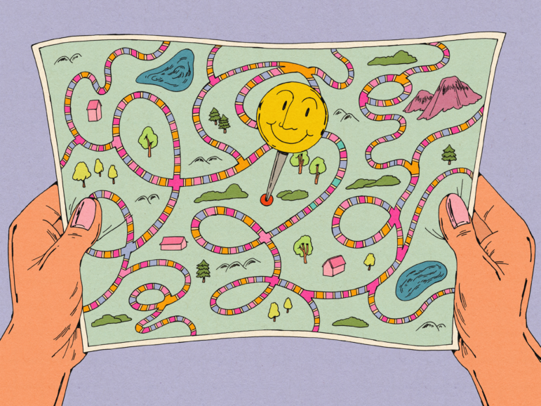 An illustration showing a pair of hands holding a paper map displaying winding pathways against a purple background. In the middle of the map is a large pin with a happy face as its head.