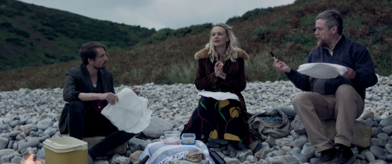 Tom Basden, left, as Herb McGwyer, Carey Mulligan as Nell Mortimer and Tim Key as Charles in The Ballad of Wallis Island.