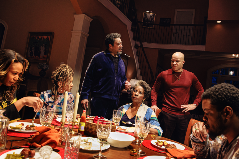 Left to right: Alana Arenas (Morgan), Kara Young (Aziza), Harry Lennix (Solomon), LaTanya Richardson Jackson (Claudine), Glenn Davis (Junior) and Jon Michael Hill (Naz) perform in a Broadway production of the play Purpose, written by Branden Jacobs-Jenkins and directed by Phylicia Rashad.