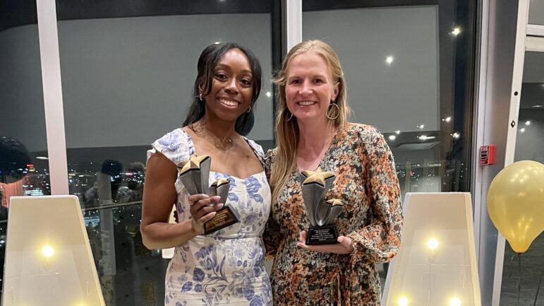 WBHM host/reporter Kelsey Shelton stands alongside former WBHM reporter Mary Scott Hodgin at the ABBY Awards.