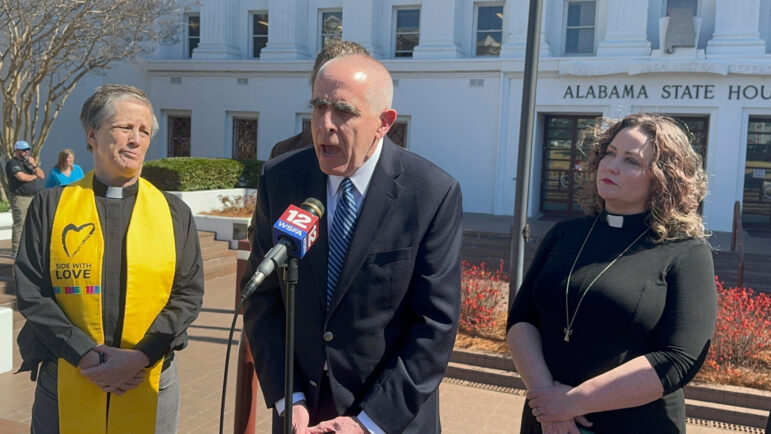 Chuck Poole joins other religious leaders to speak in front of the Alabama Statehouse against bills that would mandate religious texts and instruction in schools.
