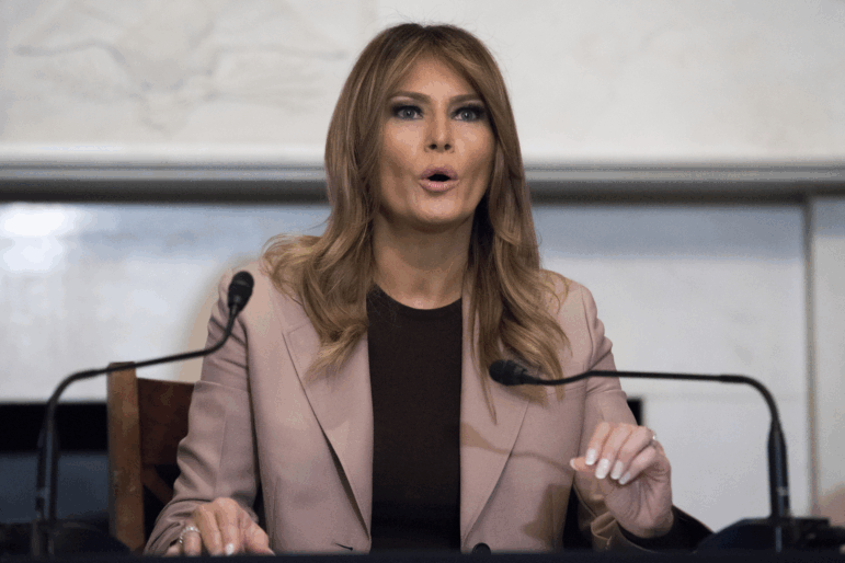 In this Wednesday, Oct. 23, 2019 file photo first lady Melania Trump participates in a roundtable discussion on the opioid crisis, on Capitol Hill in Washington.