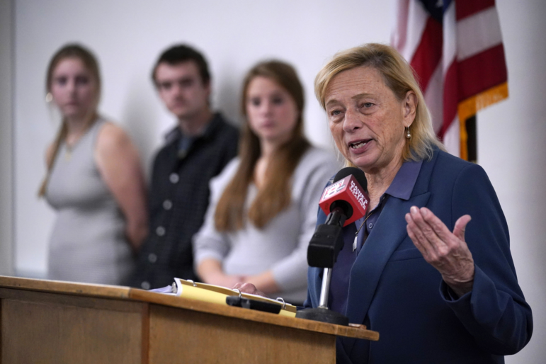 Maine's Democratic Gov. Janet Mills speaks at a news conference at Morse High School on Oct. 20, 2022, in Bath, Maine.