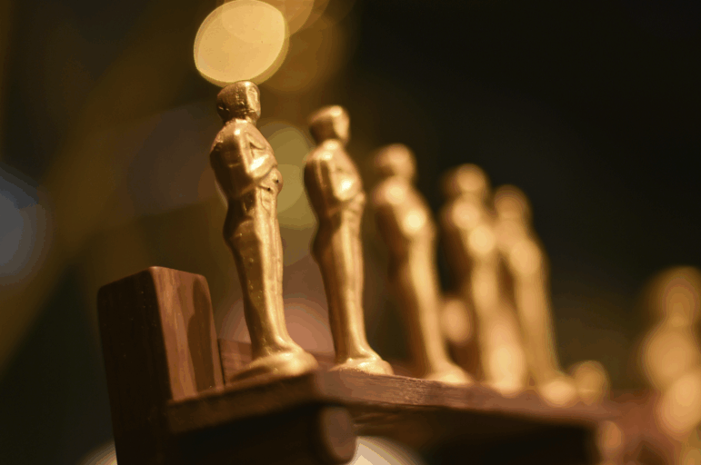 Oscar statues in a press preview in February 2025.