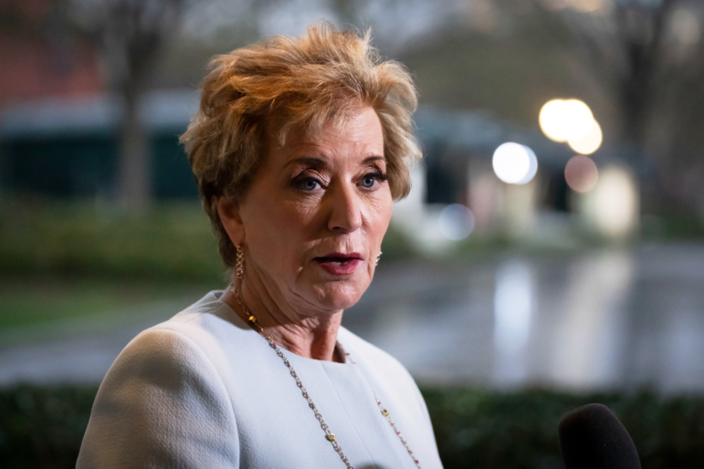 Secretary of Education Linda McMahon speaks to reporters at the White House. The Education department sent a letter to state leaders threatening the loss of funds for K-12 schools that don’t follow its interpretation of civil rights laws.