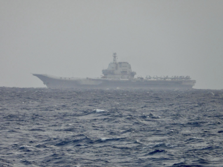 This image released by the Taiwan Ministry of National Defense shows China’s Shandong aircraft carrier sailing near Taiwan on Monday, March 31, 2025.
