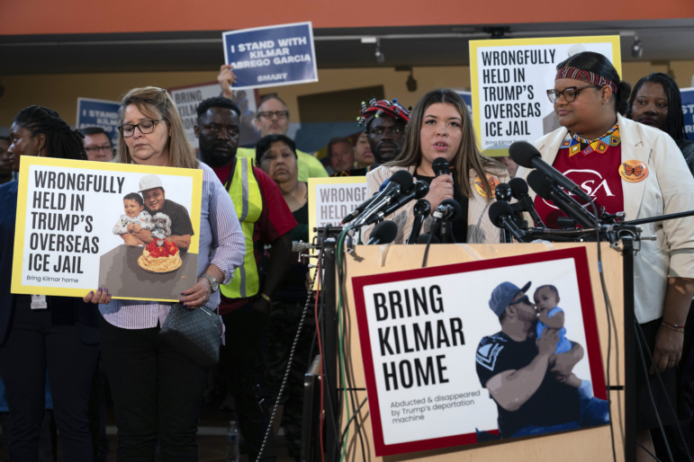Jennifer Vasquez Sura, the wife of Kilmar Abrego Garcia of Maryland, who was mistakenly deported to El Salvador, speaks during a news conference at CASA's Multicultural Center in Hyattsville, Md., Friday, April 4, 2025.