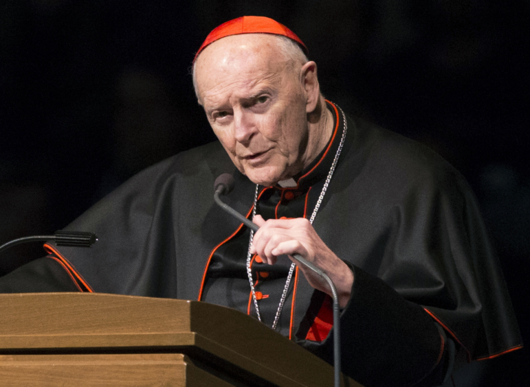 Cardinal Theodore McCarrick speaks during a memorial service in South Bend, Ind., on March 4, 2015. The once-powerful Catholic cardinal, who was defrocked by Pope Francis in 2019 after a Vatican investigation determined he had molested adults and children, has died at age 94.