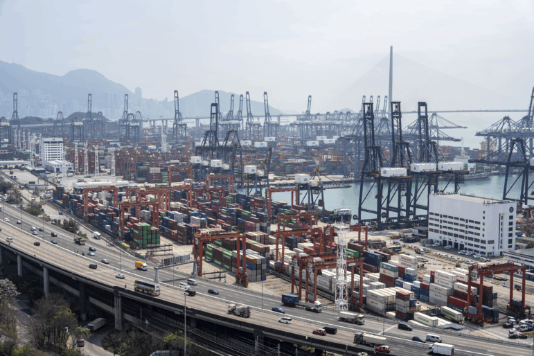 Containers pile up at Kwai Chung Container terminal in Hong Kong.