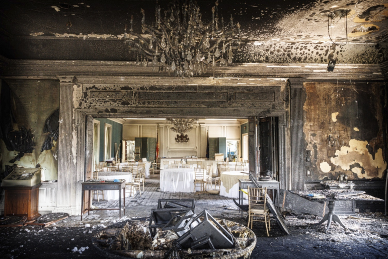 This image provided by Commonwealth Media Services shows damage from a fire at the Pennsylvania governor’s mansion in Harrisburg early Sunday morning.