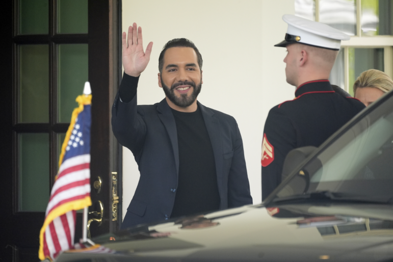 El Salvador's President Nayib Bukele waves as he departs following a meeting at the White House with President Donald Trump, Monday, April 14, 2025, in Washington.