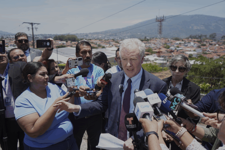 Maryland Sen. Chris Van Hollen speaks to the press in La Libertad, El Salvador.