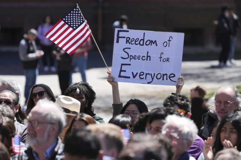 Students, faculty and members of the Harvard University community rally, Thursday, April 17, 2025, in Cambridge, Mass.