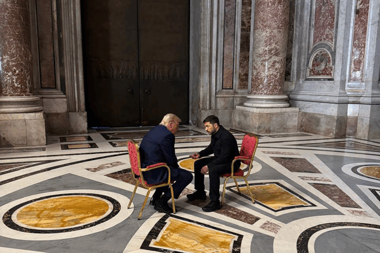 A photo provided by the Ukrainian Presidential Press Office shows Ukrainian President Volodymyr Zelenskyy (right) and President Trump, talking as they attend the funeral of Pope Francis in the Vatican, April 26.