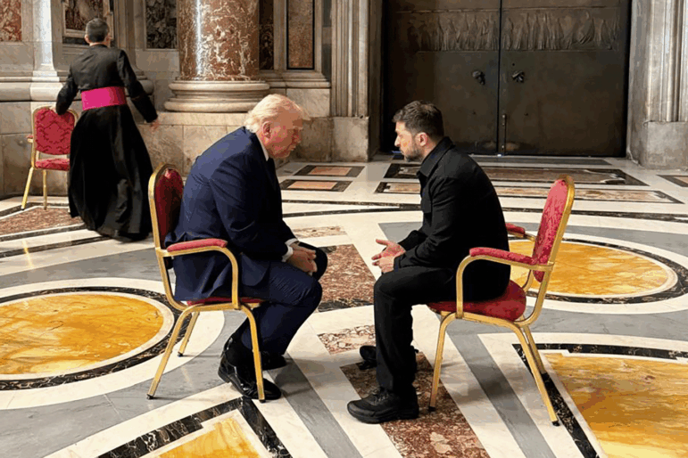 Ukraine's President Volodymyr Zelenskyy, right, and President Trump, talk