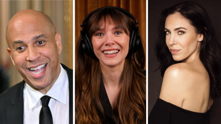 From left: Sen. Corey Booker, Elizabeth Olsen and Jasmine Mooney.