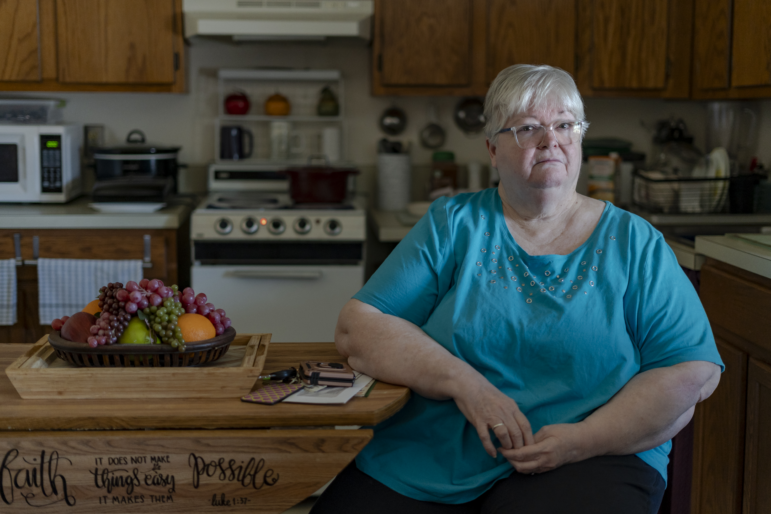 Linda Morgan on March 28 in her sister’s apartment at Trinity Woods senior living in Emporia, Va., where they both live.