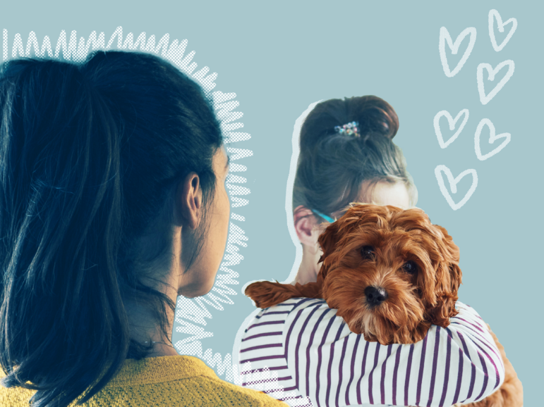 A collage that shows an adult woman nuzzling her face into a small fluffy dog. The dog is looking over her shoulder. The woman is rendered in transparent tones and illustrated hearts hover over her and the dog's faces. Another woman, seen from behind, looks on to the scene from the side as white squiggles emanate from her, symbolizing jealousy.