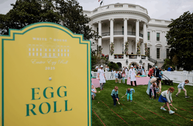 WASHINGTON, DC - APRIL 21: Children and their parents participate in the White House Egg Roll on the South Lawn on April 21, 2025 in Washington, DC. The White House is expecting thousands of children and adults to participate in the annual tradition of rolling colored eggs down the White House lawn, which was started by President Rutherford B. Hayes in 1878. (Photo by Chip Somodevilla/Getty Images)