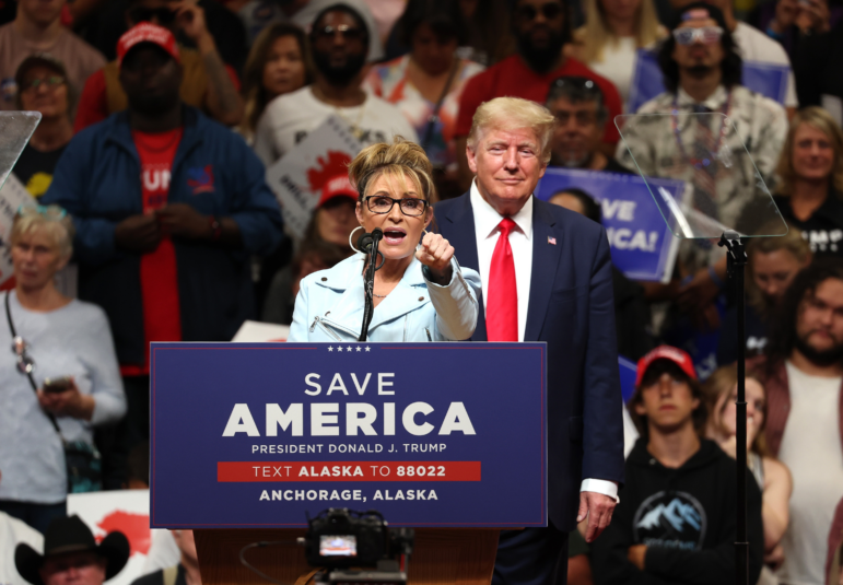 Former Alaska Gov. Sarah Palin campaigned for the state's U.S. House seat in 2022 with the support of President Trump. She did not win. A retrial of her defamation case against The New York Times is slated to begin Monday.