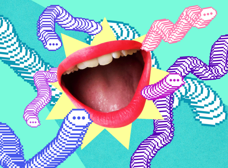 Cutout of woman's mouth surrounded by instant message speech bubbles on green background
