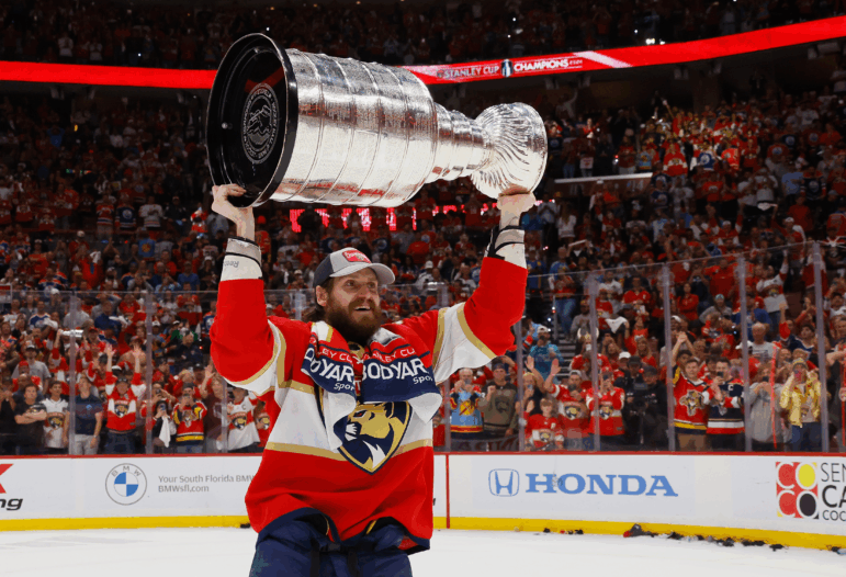 Oliver Ekman-Larsson of the Florida Panthers celebrates with the Stanley Cup following their victory over the Edmonton Oilers in Game Seven of the 2024 NHL Stanley Cup Final on June 24, 2024. The 2025 playoffs begin Saturday with hopes of an equally thrilling ending.
