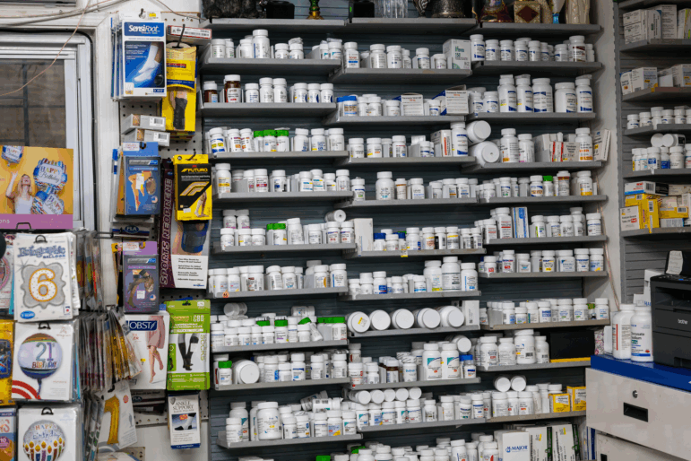 Prescription drugs are displayed on shelves at NYC Discount Pharmacy in New York City.