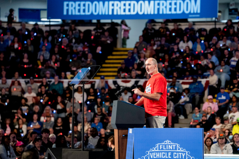 Shawn Fain, president of the United Auto Workers (UAW), during a campaign event with former U.S. Vice President Kamala Harris, in Flint, Mich., on Friday, Oct. 4, 2024.