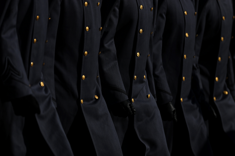 Army Corp of Cadets march on the field before the Army/Navy game on Dec. 14, 2024 in Landover, Md.