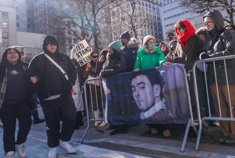 Luigi Mangione's supporters gathered outside Manhattan Criminal Court as he appeared in the court in New York City on Feb. 21.