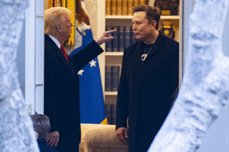 President Trump and his adviser Elon Musk speak before departing the White House on his way to his South Florida home in Mar-a-Lago in Florida on March 14, 2025.