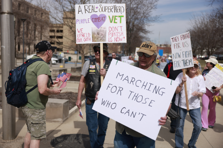 Veterans gathered in Indianapolis and in places across the country on March 14 to protest the Trump administration's staff and budget cuts to the Department of Veterans Affairs.