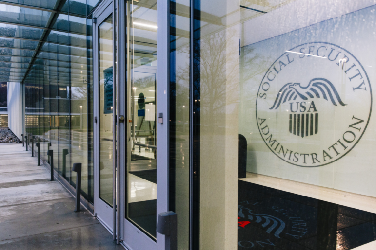 A closed entrance to the Social Security Administration headquarters sits empty in Woodlawn, Md., on March 20.