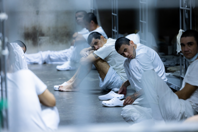 Alleged members of Venezuela's Tren de Aragua gang and MS-13 gang, who were deported to a mega-prison in El Salvador by the U.S. on March 31.