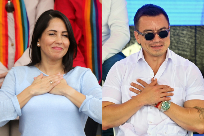 Ecuador's leftist presidential candidate Luisa Gonzalez on the left and Ecuador's President and presidential candidate Daniel Noboa on the right.