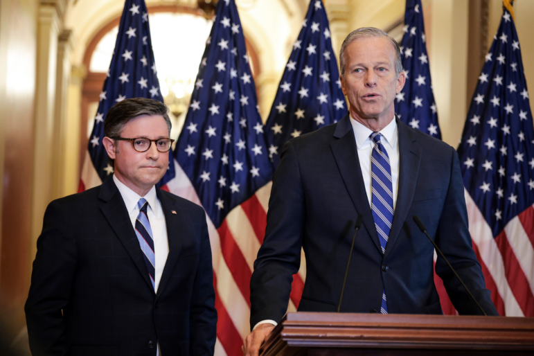 Senate Majority Leader John Thune (R-SD) (R) and Speaker of the House Mike Johnson (R-LA) held a press conference on the Republican budget bill on April 10. (Photo by Kayla Bartkowski/Getty Images)