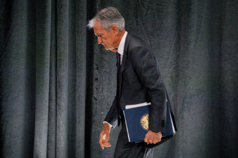 Powell says he's determined to serve out the rest of his term, which runs through spring of 2026. In the picture, Powell departs after speaking at an an Economic Club of Chicago event in Chicago on April 16, 2025.