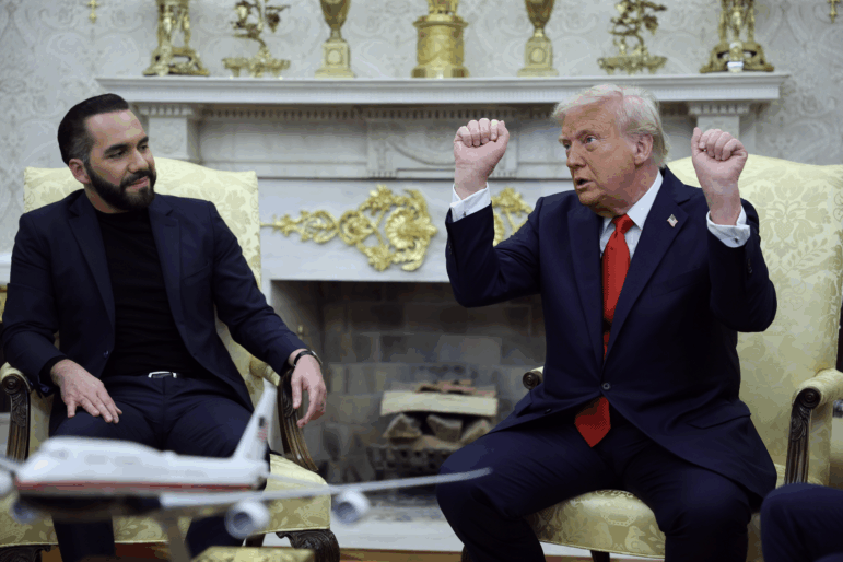 U.S. President Donald Trump met with President Nayib Bukele of El Salvador in the Oval Office of the White House April 14, 2025 in Washington, DC. Trump and Bukele are exploring a proposal to send American citizens to be held in Salvadorean prisons, a move critics describe as dangerous and unconstitutional.