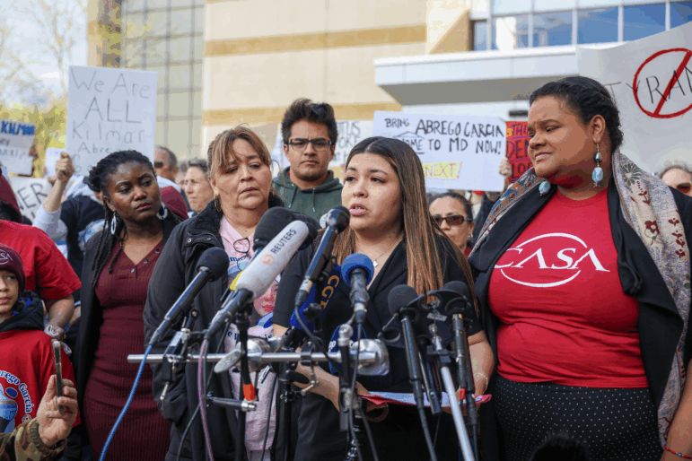 Jennifer Vasquez Sura, the wife of Kilmar Abrego Garcia, who was mistakenly deported to El Salvador, speaks to the media before she enters federal court on April 15, 2025 in Greenbelt, Md.