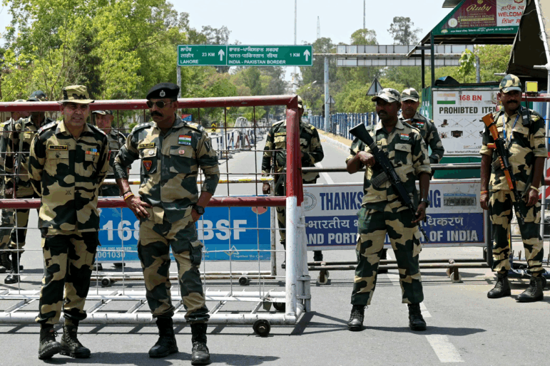 Indian Border Security Force (BSF) soldiers stand guard at the India-Pakistan Wagah border post on the outskirts of Amritsar on April 24. At least 26 people were killed April 22 in Indian-administered Kashmir when gunmen opened fire on tourists, in the region's deadliest attack on civilians since 2000.