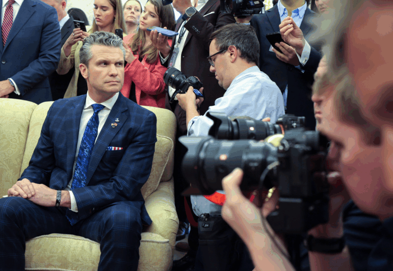 Secretary of Defense Pete Hegseth attends an Oval Office meeting with President Trump and Norway's Prime Minister Jonas Gahr Store at the Oval Office on April 24.