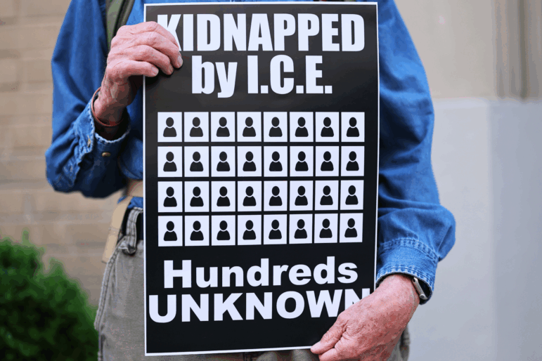 Demonstrators gather to protest on Thursday against the deportation of immigrants to El Salvador outside the Permanent Mission of El Salvador to the United Nations in New York City.