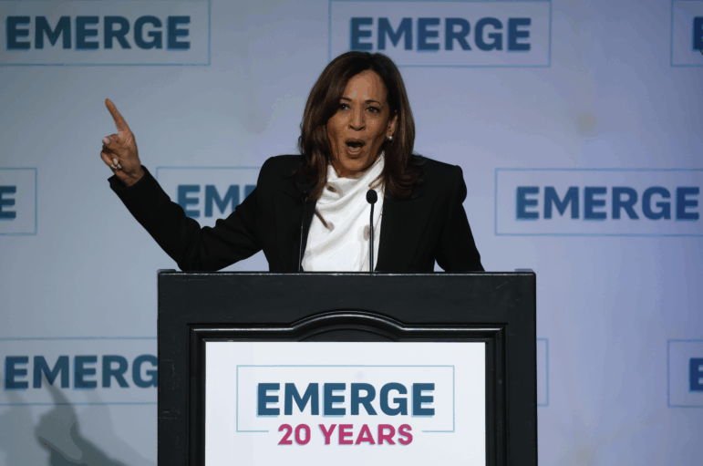 Former Vice President Kamala Harris delivers a keynote address at a gala for Emerge America on April 30, 2025 in San Francisco.