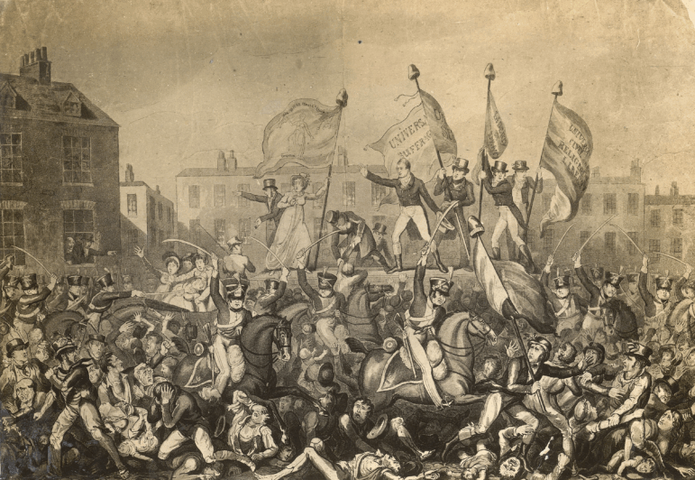 British forces charge crowds during bread riots in Manchester, England, in 1819.