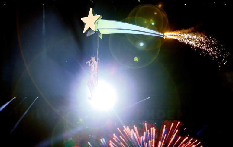 Singer Katy Perry performs during 2015 Super Bowl XLIX Halftime Show at University of Phoenix Stadium in Glendale, Arizona.