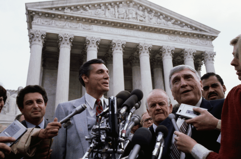 Bob Jones III, the president of Bob Jones University, speaks outside the U.S. Supreme Court in 1982. The IRS rescinded the university’s tax-exempt status in the 1976.