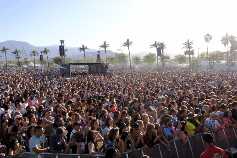 A crowd dances beneath the palm trees at Coachella.
