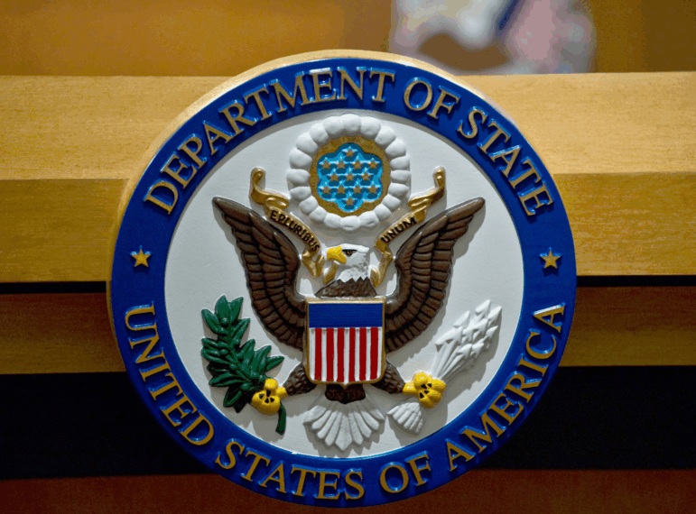 The seal of the US State Department is seen at the State Department briefing room in Washington,DC on February 4, 2011.